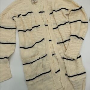 Pink Republic Cream Knit Open-Front Cardigan with Black Stripes